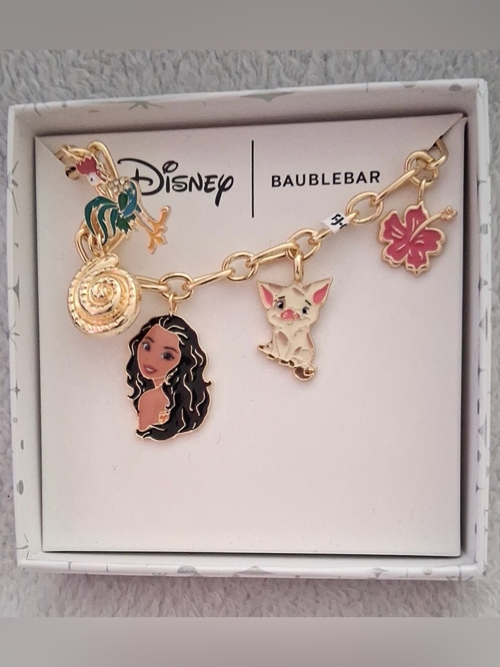 NWT BaubleBar x Disney Moana Charm Bracelet Pua Hei Hei Gold Tone Enamel